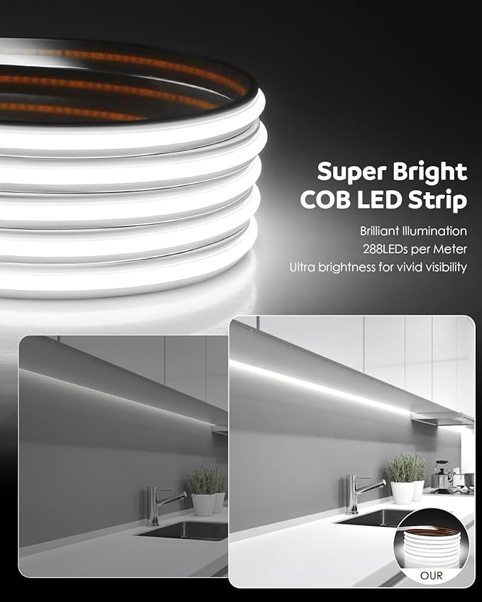 Aclorol AC 110V COB LED Strip Lights Plug in 16.4FT 288led/M High Density Flexible COB LED Rope Light Waterproof for Outdoor Patio Garden Decor IP68 Daylight White 6000K with Strong Self-Adhesive