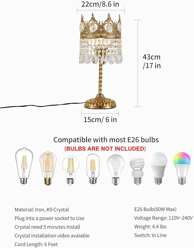Vintage Gold Crown Shape Crystal Table Lamp for Living Room, Small Bedside Nightstand Lamp for Bedroom, Decorative Farmhouse Table Lamp Desk Lamp for Kitchen Dining Room Home Office