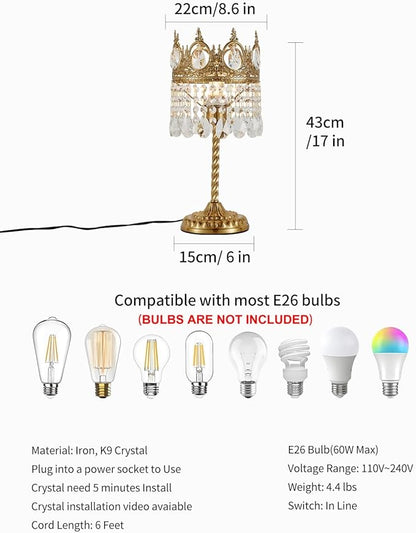 Vintage Gold Crown Shape Crystal Table Lamp for Living Room, Small Bedside Nightstand Lamp for Bedroom, Decorative Farmhouse Table Lamp Desk Lamp for Kitchen Dining Room Home Office