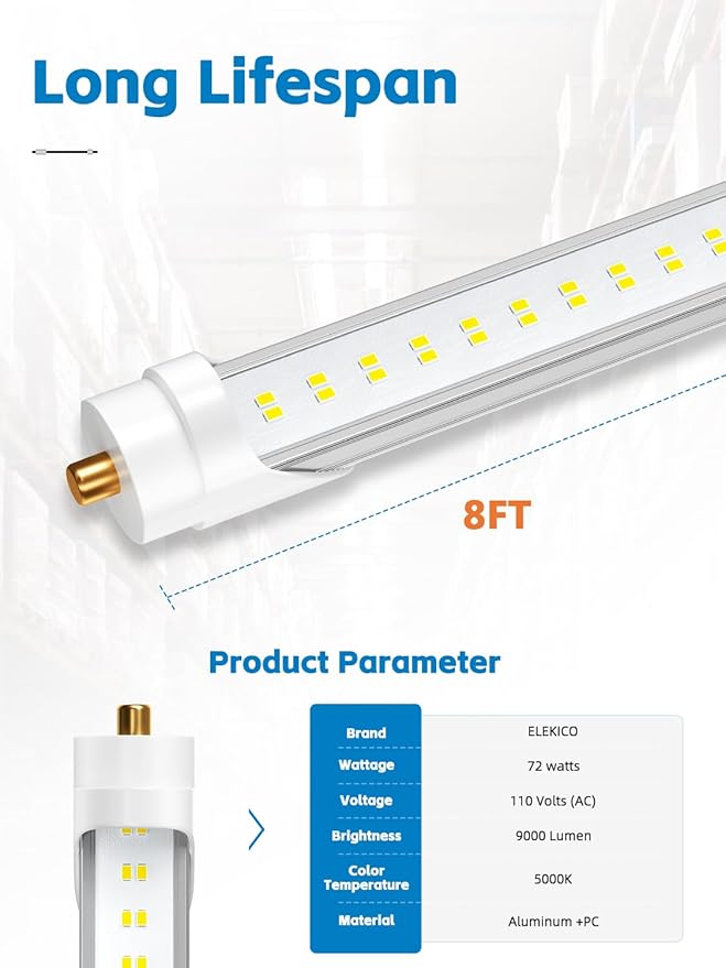 8FT LED Bulbs, Super Bright 72W 9000lm 5000K, T8 T10 T12 LED Tube Lights, FA8 Single Pin T8 LED Lights, Clear Cover, 8 Foot LED Bulbs to Replace Fluorescent Light Bulbs (Pack of 6)