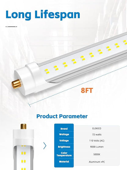 8FT LED Bulbs, Super Bright 72W 9000lm 5000K, T8 T10 T12 LED Tube Lights, FA8 Single Pin T8 LED Lights, Clear Cover, 8 Foot LED Bulbs to Replace Fluorescent Light Bulbs (Pack of 6)