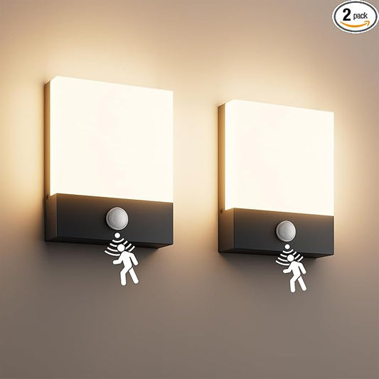 Aoceeley Modern Outdoor Led Wall Light with Motion Sensor,24W 3000K Porch & Patio Light,Exterior Hardwired Wall Light Fixtures,IP65 Waterproof Square Wall Lamp for Garage, Front Door(Black,2-Pack)