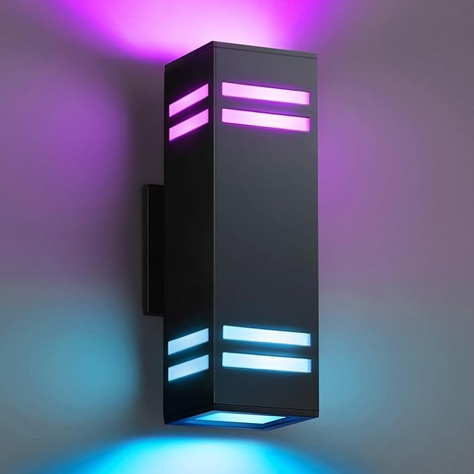 SHIMR Modern RGB Wall Lights Exterior Lights for House, Color Changing Outdoor Sconce Lights with Remote Control, Black Outdoor Light Fixture for House Porch Garage Compatible with Alexa [ETL Listed]