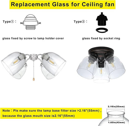 4 Pack Clear Glass Shades, Replacement Glass Globes for Ceiling Fan Light Fixtures, 2-1/8" Fitter, 4.76 inch Diameter, High Transmittance Lampshade for Chandelier, Pendant Light, Wall Sconces Series