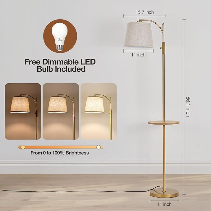 AIDENOEY Fully Dimmable Floor Lamp for Living Room，Standing Lamp Rotary Switch with Table&Linen Beige Shade，Golden Tall Lamps for Bedroom with Adjust Head，9W LED Bulb Included