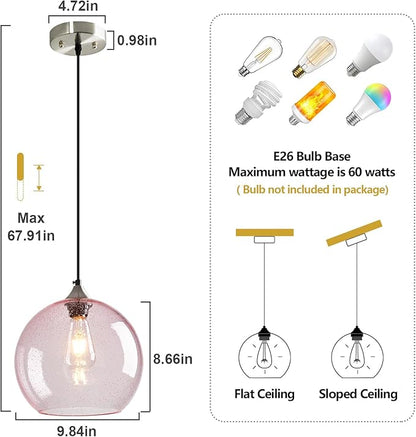 Pink Glass Pendant Lights Kitchen Island Globe Pendant Light Fixtures Modern Pendant Lighting for Bedroom Living Dining Room Light Fixture (9.84 in, 1 Pack)