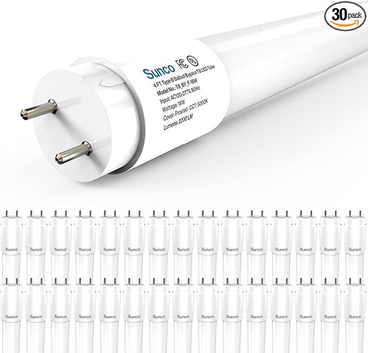 Sunco 30 Pack T8 LED Bulbs 4 Foot, Tube Light Bulbs Ballast Bypass, 48 Inch Fluorescent Replacement, 2200 LM, 18W, 5000K Daylight, Single Ended Power, Type B, Frosted Lens UL