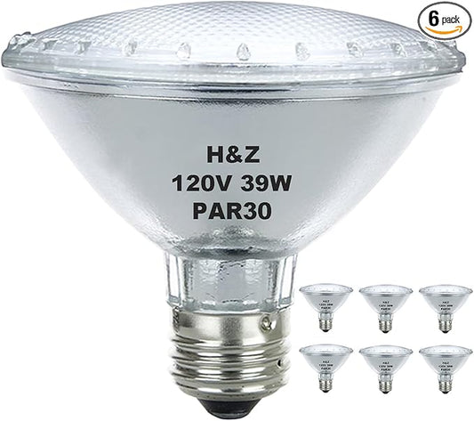 H&Z Par30 Short Neck, 6 Pack High Output Par30s Halogen 39W 120V, Par30 Dimmable Warm White 3000K, 39W Par30 Flood Light with E26 Medium Base for Recessed Trim Lighting, Track Light