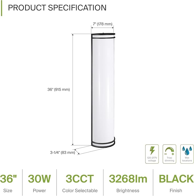 ASD 36 Inch LED Outdoor & Indoor Wall Mount Light Fixture - Matte Black Modern Wall Sconce Lighting - 30W 120-277V 3000K 4000K 5000K Adjustable Dimmable Front Door & Patio Exterior Lights - ETL