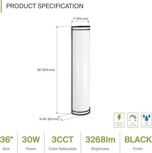 ASD 36 Inch LED Outdoor & Indoor Wall Mount Light Fixture - Matte Black Modern Wall Sconce Lighting - 30W 120-277V 3000K 4000K 5000K Adjustable Dimmable Front Door & Patio Exterior Lights - ETL