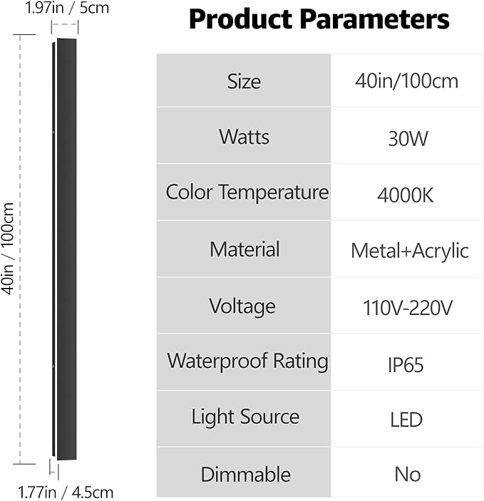 40inch Long Outdoor LED Wall Light 4000K Natural Light 30W Black Porch Light Acrylic Waterproof IP65 Exterior Wall Light Fixture for House Patio Porch Courtyard