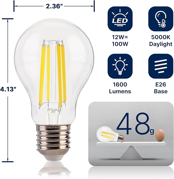 FLSNT 100W Equivalent A19 LED Light Bulbs, Efficient 12W, 1600Lumens, 5000K Daylight, CRI82, E26 Base, LED Filament Light Bulbs Clear Glass, 4 Pack, Non-Dimmable