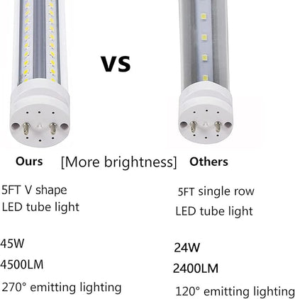 5 Foot T8 LED Tube Light,45W 4500lm,G13 Bi-Pin Base,5ft LED Bulb V Shape,Daylight White 5000K,60 inch Fluorescent Lights Bulbs T12,Dual-End Power,Ballast Bypass,Shop Lighting,Pack of 10