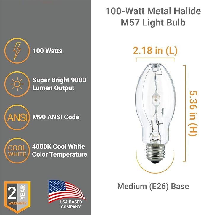 Diodesy- M90 Metal Halide Lamp 100W Pulse Start 9000 Lumens E26 Medium Base 4000K Cool White Clear ED17 Shape 12,000 Hours- High Intensity Discharge HID Outdoor Light Bulb for Street Parking Lots