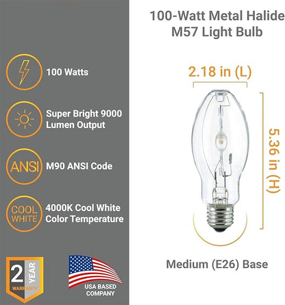 Diodesy- M90 Metal Halide Lamp 100W Pulse Start 9000 Lumens E26 Medium Base 4000K Cool White Clear ED17 Shape 12,000 Hours- High Intensity Discharge HID Outdoor Light Bulb for Street Parking Lots