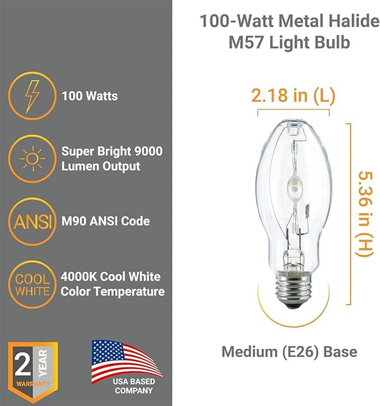 Diodesy- M90 Metal Halide Lamp 100W Pulse Start 9000 Lumens E26 Medium Base 4000K Cool White Clear ED17 Shape 12,000 Hours- High Intensity Discharge HID Outdoor Light Bulb for Street Parking Lots