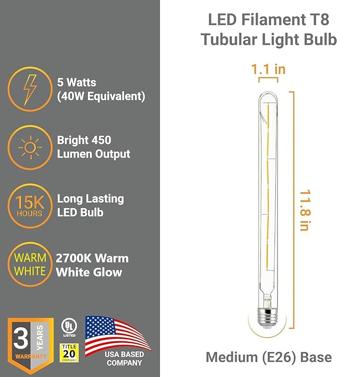 Diodesy- Pack of 5 T8/LED/FS/5W/927 T8 LED Tubular Light Bulb, Long Edison Style Vintage, 5 Watt (40W Equivalent), 2700K Warm White, Dimmable E26 Base for Pendant, Chandeliers, Wall sconces, 450LM, UL