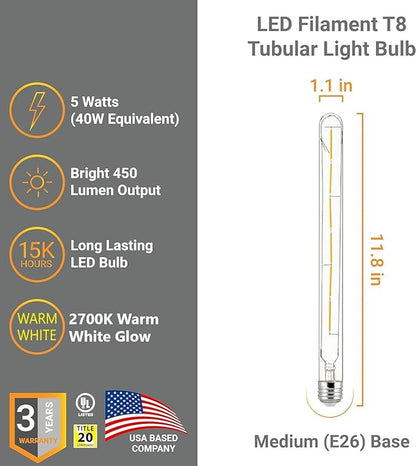 Diodesy- Pack of 5 T8/LED/FS/5W/927 T8 LED Tubular Light Bulb, Long Edison Style Vintage, 5 Watt (40W Equivalent), 2700K Warm White, Dimmable E26 Base for Pendant, Chandeliers, Wall sconces, 450LM, UL