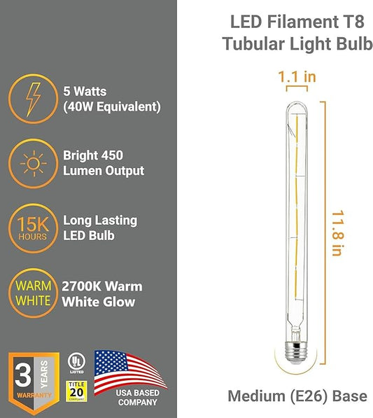 Diodesy- Pack of 5 T8/LED/FS/5W/927 T8 LED Tubular Light Bulb, Long Edison Style Vintage, 5 Watt (40W Equivalent), 2700K Warm White, Dimmable E26 Base for Pendant, Chandeliers, Wall sconces, 450LM, UL