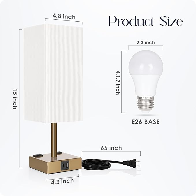 Soilsiu Bedside Lamp with USB Ports - Touch Control Table Lamp for Bedroom with USB C+A Ports & AC Outlets, 3 Way Dimmable Nightstand Light with Pleated Shade for Living Room(Bulb Included)