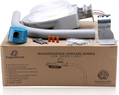 RuggedGrade 120W - Vontair Series - LED Barn Style Light with Arm Mount + Photocell - 18,000 Lumens - Color Selectable 3000K/4000K/5000K - Gray Housing - Outdoor Light | DLC 5.1 Premium