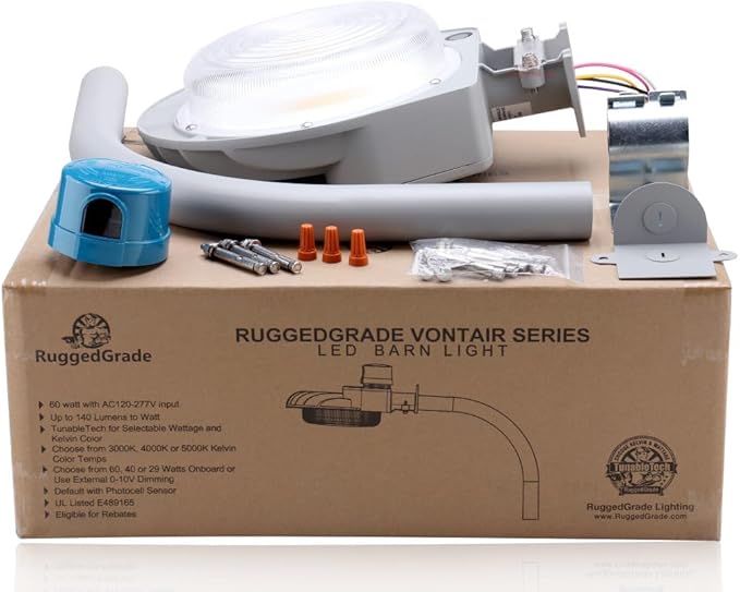 RuggedGrade 60W - Vontair Series - LED Barn Style Light with Arm Mount + Photocell - 9,000 Lumens - Color Selectable 3000K/4000K/5000K - Gray Housing - Outdoor Light - DLC 5.1 Premium