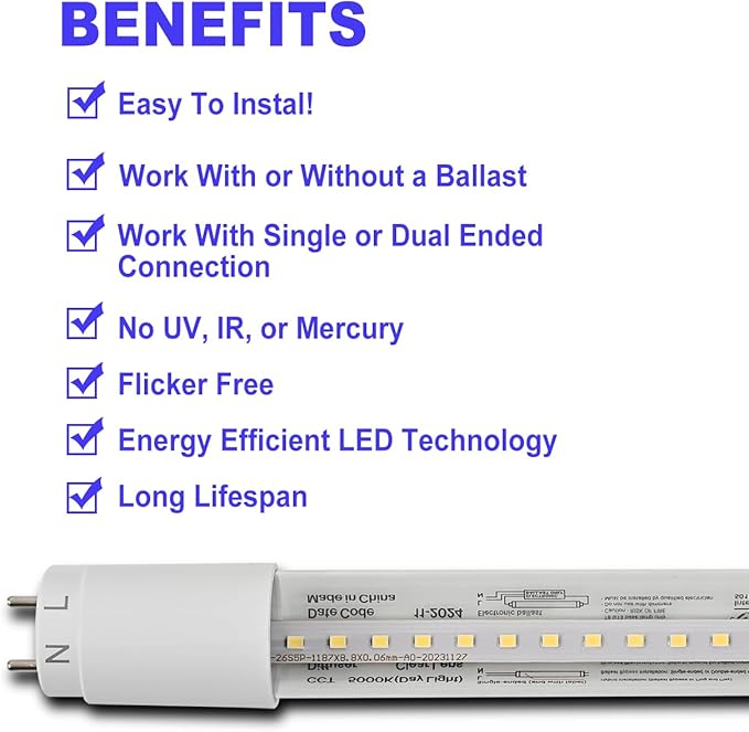 40 Pack 4FT LED T8 Type A+B Tube Lights, 24W, 5000K, Single or Double End Powered, Plug and Play or Ballast Bypass, 4 Foot T10 T12 Fluorescent Bulbs Replacement, Clear Cover