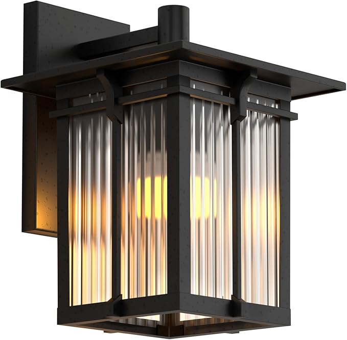 Modern Outdoor Wall Light for House, Outdoor Lighting Fixtures Wall Mount with Ribbed Glass, Soptted Black Aluminum Exterior Wall Lantern for Front Porch Garage Patio (10.2''H, 1 pc)