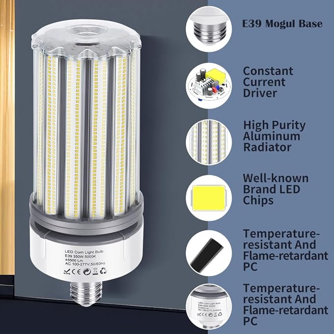 350W LED Corn Bulb E39 Mogul Base 2 Pack, 1400W Equivalent Bulbs, 45,500 Lumen Replacement Metal Halide/HID/HPS,5000K Daylight for Large Area Lights Gym Warehouse Parking Bay Light