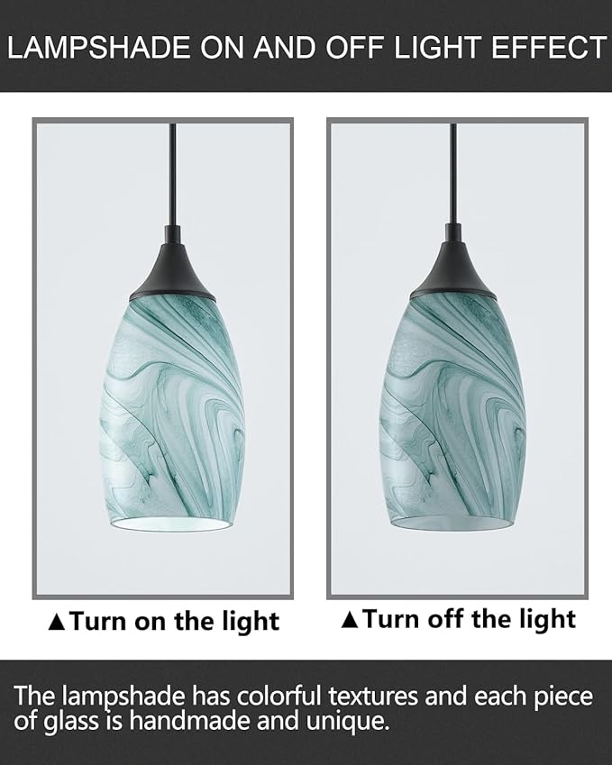 ANYLOVE Vintage Art White-Green Stripe Pendant Lighting,1-Pack Hand Glass Hanging Light Fixture,Adjustable Cord for Kitchen,Hallway,Dining Room