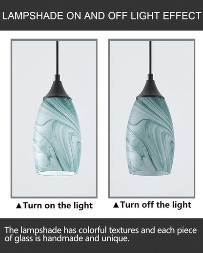 ANYLOVE Vintage Art White-Green Stripe Pendant Lighting,1-Pack Hand Glass Hanging Light Fixture,Adjustable Cord for Kitchen,Hallway,Dining Room