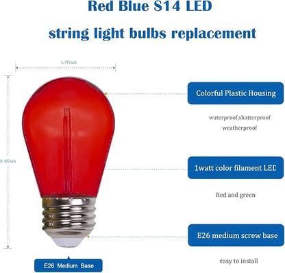 Christmas Replacement Light Bulbs 24-Pack S14 Colored LED String Light Bulbs Replacement, E26 Base 1W Plastic Shatterproof Waterproof, Christmas Light Bulb for Decorations (Red, Blue)