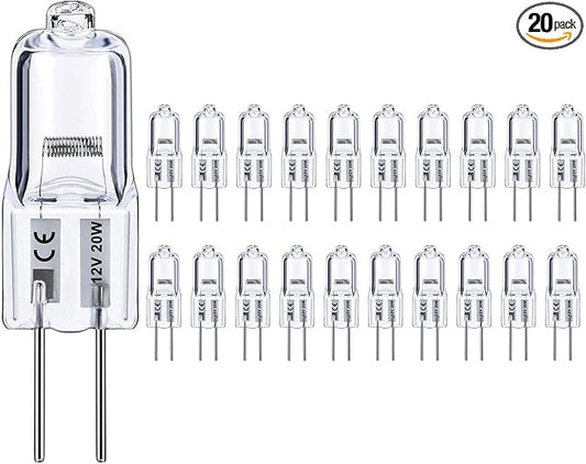G4 Bulb, 20 Pack Halogen G4 12V 20W with G4 Bi-pin Base, High Output G4 Light Bulb 12V 300LM 3000Hrs Long Lifetime, G4 Dimmable, CRI100 & 2800K Warm White, G4 Halogen Bulb 20W for Cabinet Light Bulbs