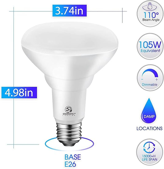 Energetic LED Recessed Light Bulbs BR30, 105W Equivalent, 1500LM, Dimmable, Cool White 4000K, Indoor Flood Lights for Recessed Cans, UL Listed, 12 Pack