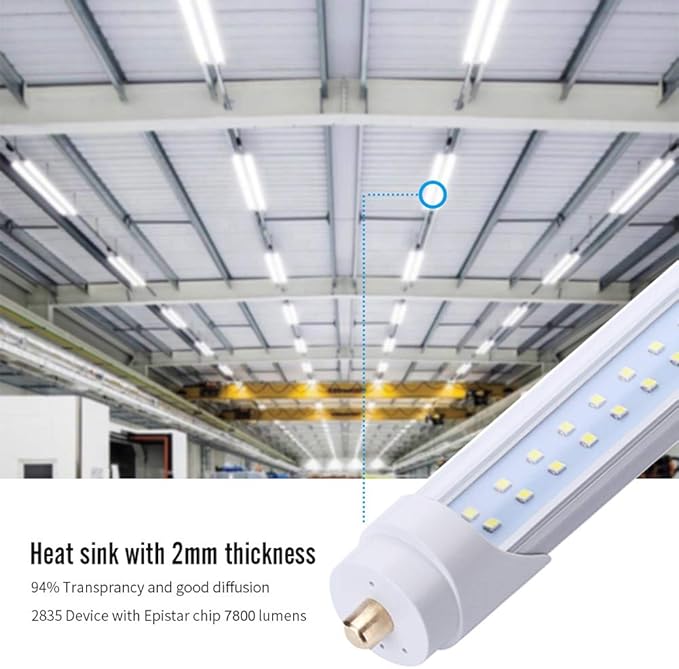 SOMLIGHT 8ft LED Tube Light 65W, Fa8 Base Single Pin, Double Ended Ballast Bypass, 6000K Cold White, Double Row LED Shop Lights,Fluorescent Tube Replacement (12Pack)