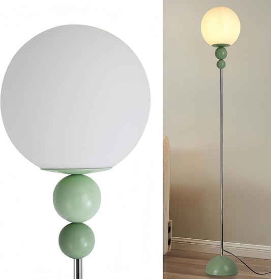 Modern Glass Floor Lamp for Bedroom, 63'' Vintage Mid-Century Floor Lamp with Milky White Frosted Glass Globe Shade for Living Room Corner, Slim Standing Reading Lamp for Office Decor (Pastel Green)