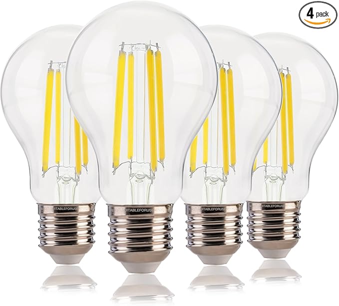 FLSNT 100W Equivalent A19 LED Light Bulbs, Efficient 12W, 1600Lumens, 5000K Daylight, CRI82, E26 Base, LED Filament Light Bulbs Clear Glass, 4 Pack, Non-Dimmable