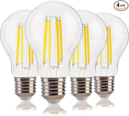 FLSNT 100W Equivalent A19 LED Light Bulbs, Efficient 12W, 1600Lumens, 5000K Daylight, CRI82, E26 Base, LED Filament Light Bulbs Clear Glass, 4 Pack, Non-Dimmable