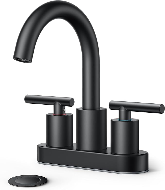 FORIOUS 4 Inch Centerset Bathroom Faucet Black 2 Hole, Two Handle Matte Black Faucet for Bathroom Sink with Pop Up Dain, 24" Supply Line, and 360° Rotating Spout of 4" Vanity