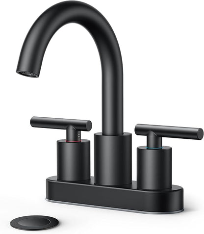 FORIOUS 4 Inch Centerset Bathroom Faucet Black 2 Hole, Two Handle Matte Black Faucet for Bathroom Sink with Pop Up Dain, 24" Supply Line, and 360° Rotating Spout of 4" Vanity