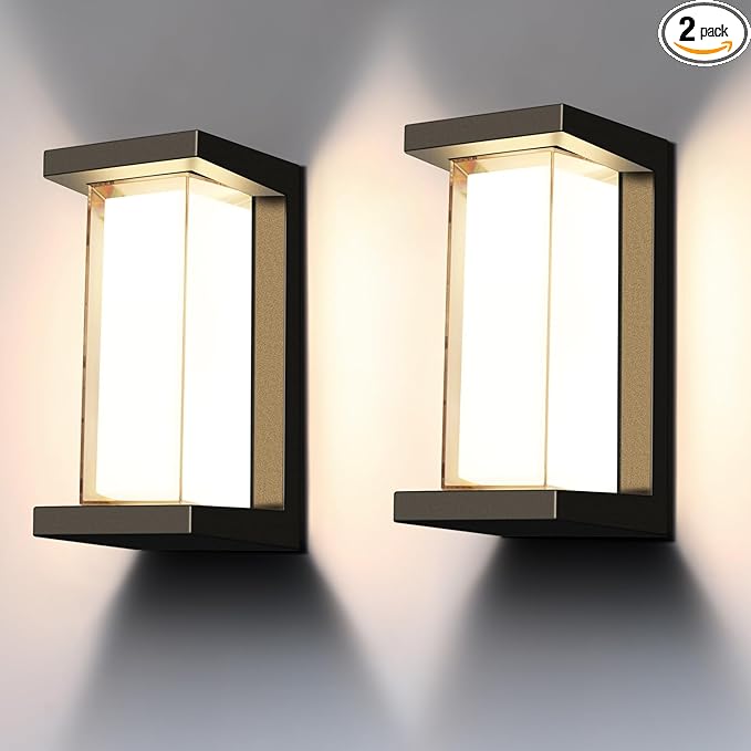 Juyace 18w Outdoor Porch Lights Exterior Lighting Fixtures Wall Mount Rectangular Modern Patio Sconces 1800Lm 3000k Aluminum Black IP65 for Garage House Front Door Entryway (2 Pack)