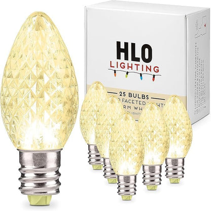 Holiday Lighting Outlet Faceted C7 Christmas Lights | Warm White LED Light Bulbs Holiday Decoration | Warm Christmas Decor for Indoor & Outdoor Use | 2 SMD LEDs in Each Light Bulb | Set of 25