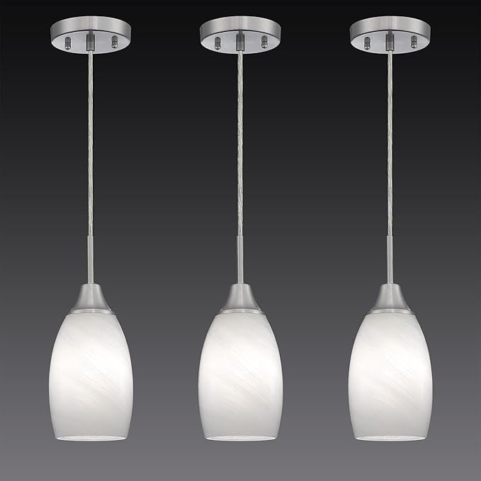 Mini Glass Pendant Light 4.72" White Swirl Pendant Lights 3-Pack Handblown White Art Oval Glass Hanging Pendant Light for Kitchen Island Dining Room Living Foyer Hallway Entry