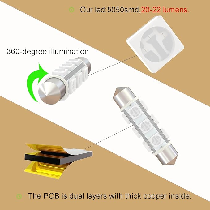 44mm DC 12V 578 LED Festoon Bulb,569 561 562 566 212-2 211-2 6413 LED Bulbs Green for Automotive Interior Door Cargo Lights Non Polarity(Pack 6)