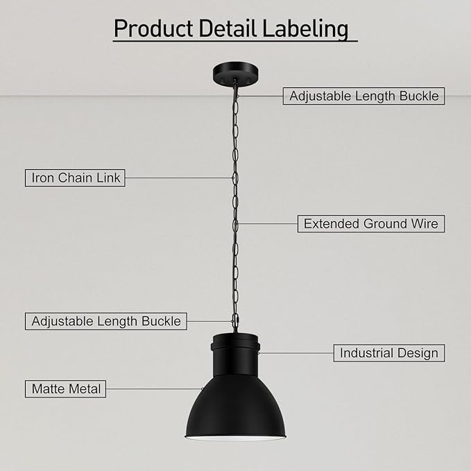 BoostArea Black Pendant Lights Kitchen Island, 10.6" Large Metal Shade and 70.9'' Adjustable Height, Modern Pendant Lighting Fixtures,Farmhouse Hanging Pendant Light for Kitchen Island/Bar,No E26 Bulb
