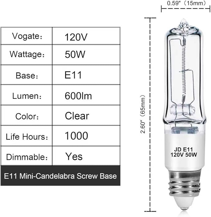 4-Pack JDE11 120V 50W Halogen Bulbs, E11 Mini Candelabra Base T4 Light Bulb, 600LM 2700K Warm White Dimmable for Ceiling Fan, Chandeliers, Pendant Lights and Accent Fixtures