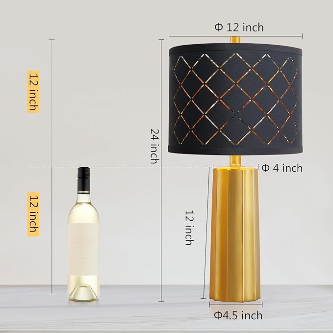 RORIANO Set of 2 Modern Table Lamps for Living Room Bedroom, Gold Nightstand Resin Lamps with Black Grid Shade, Contemporary Desk Lamps for Bedside End Tables, 2 Bulbs Included (Gold)