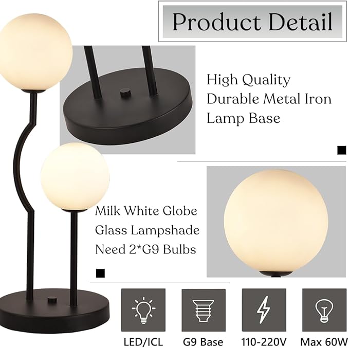 Black Mid Century Globe Table Lamp Industrial Retro 2 Lights Orb Desk Lamp with White Glass Globe Bedside Reading Light for Bedroom Living Room Study Room