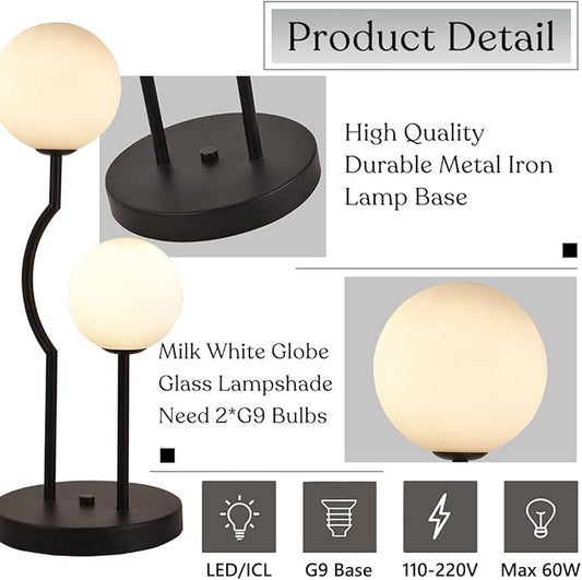 Black Mid Century Globe Table Lamp Industrial Retro 2 Lights Orb Desk Lamp with White Glass Globe Bedside Reading Light for Bedroom Living Room Study Room