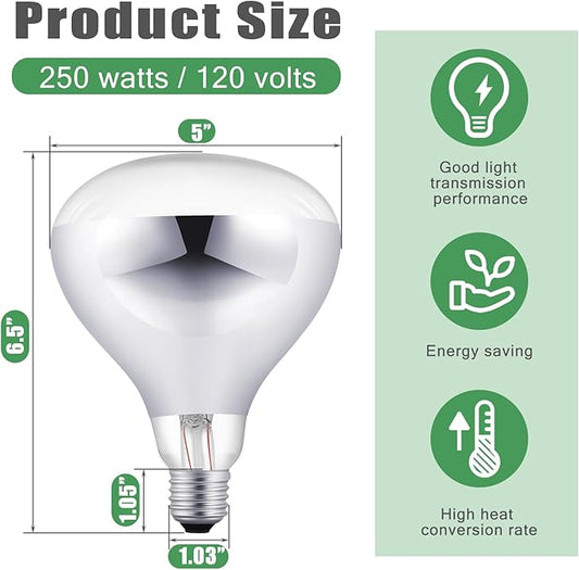 VIHOSE 1 Pack 250 Watt Heat Lamp 120v R40 Heat Lamp Bulbs Glass Incandescent Light Bulbs Incandescent Heating Lightbulbs for Reptiles Chicks Food Puppies Bathroom, Use E26 Base (Silver)
